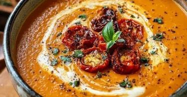 Bowl of creamy roasted garlic tomato soup topped with fresh basil and croutons