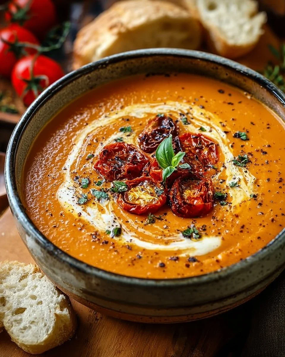 Bowl of creamy roasted garlic tomato soup topped with fresh basil and croutons