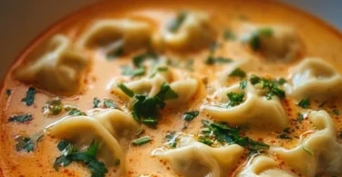 Bowl of creamy Thai dumpling soup with herbs and dumplings, garnished beautifully