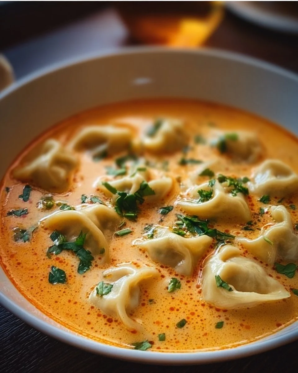 Bowl of creamy Thai dumpling soup with herbs and dumplings, garnished beautifully