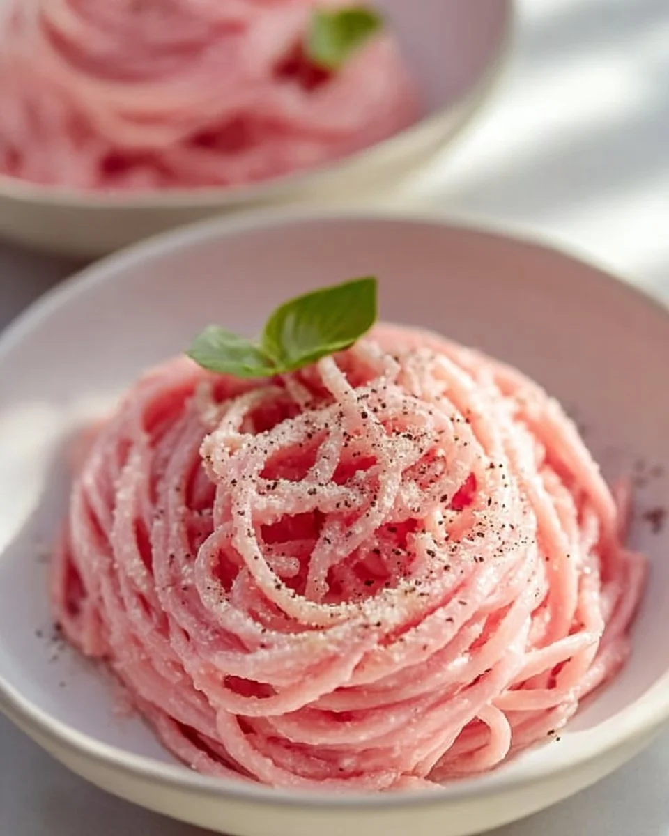 Creamy vegan pink pasta dish topped with fresh herbs and vegetables.