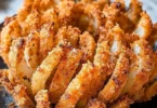 Crispy air fryer blooming onion served with dipping sauce