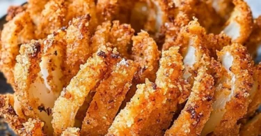 Crispy air fryer blooming onion served with dipping sauce
