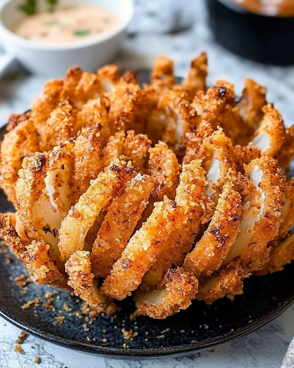 Crispy air fryer blooming onion served with dipping sauce