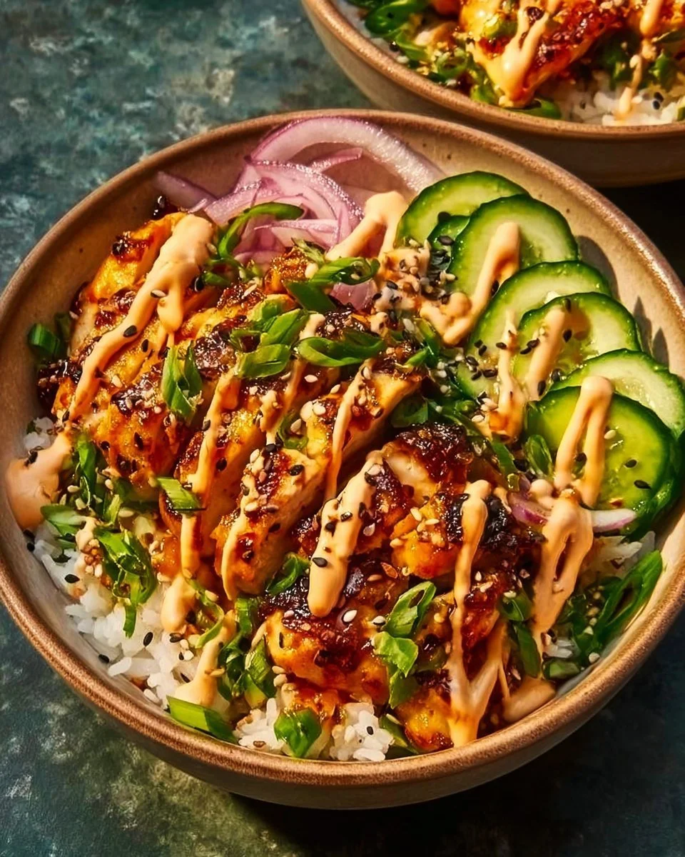 Crispy chicken with spicy sauce served over jasmine rice in a bowl.