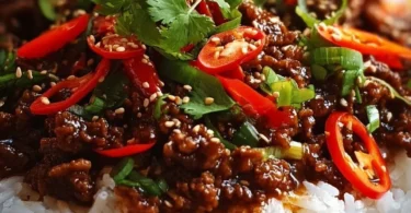 Plate of Crispy Chilli Beef Rice garnished with fresh herbs and vegetables.