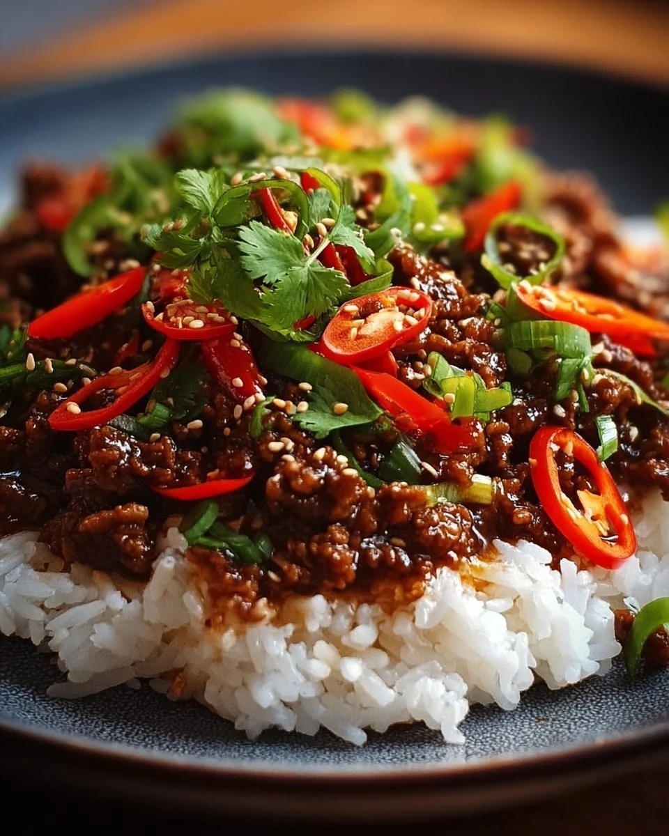 Plate of Crispy Chilli Beef Rice garnished with fresh herbs and vegetables.