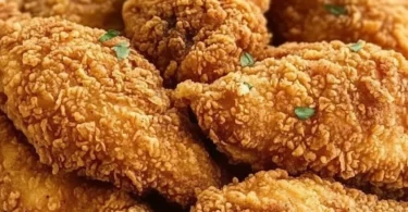 Crispy fried chicken served with sides in a restaurant setting.