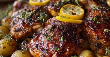 Crispy one-pan lemon herb chicken garnished with fresh herbs and lemon slices