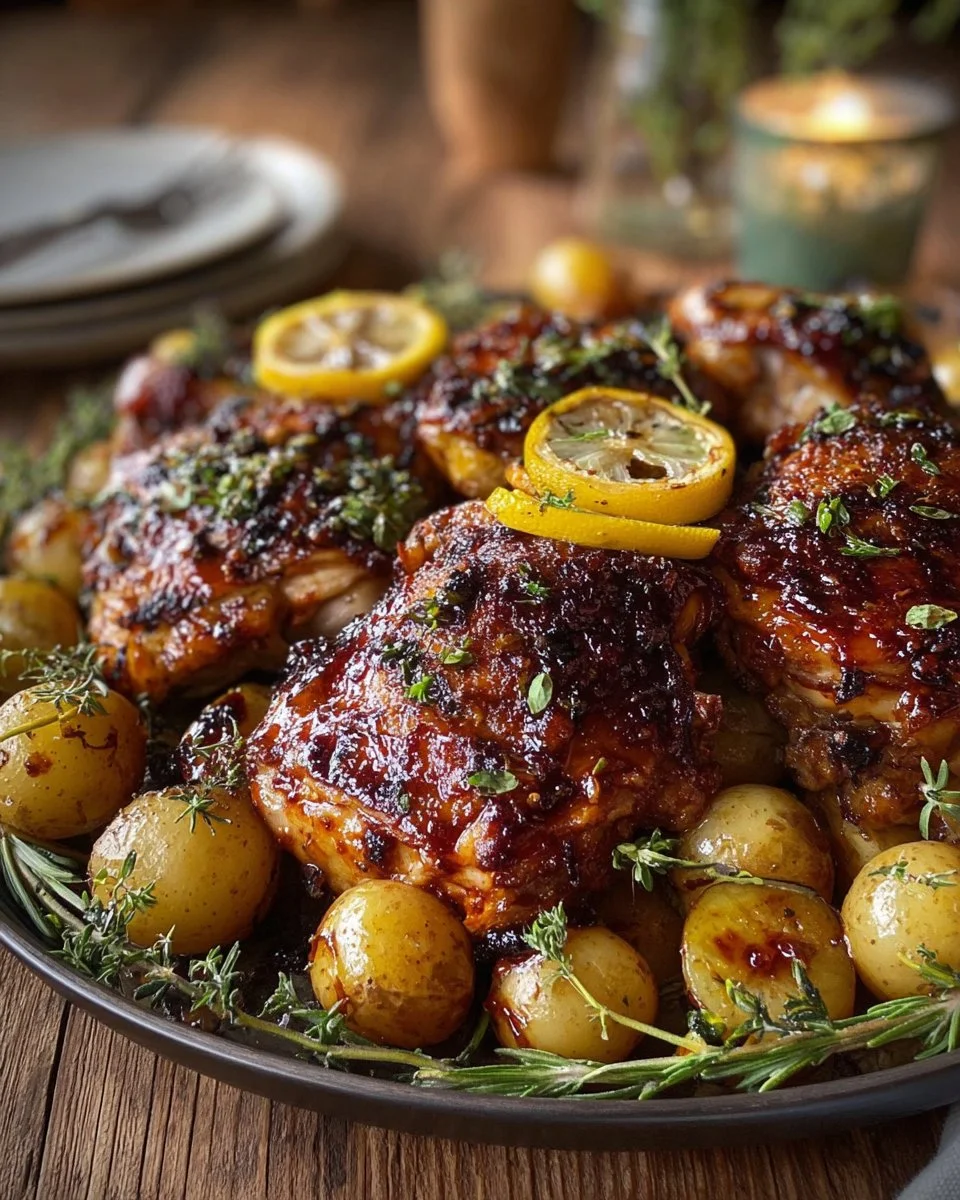 Crispy one-pan lemon herb chicken garnished with fresh herbs and lemon slices