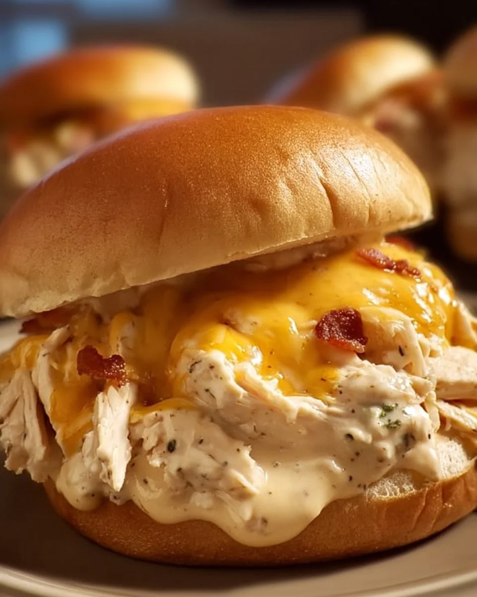 Crock pot ranch chicken sandwiches with shredded chicken and ranch dressing