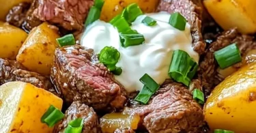 Crockpot Loaded Steak and Potato Bake with cheese and herbs