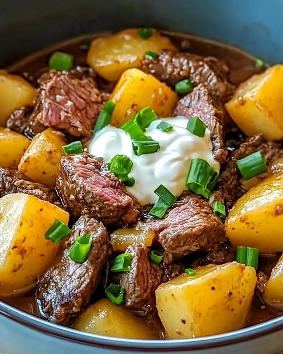 Crockpot Loaded Steak and Potato Bake with cheese and herbs