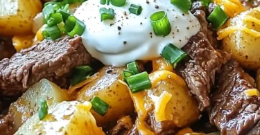 Crockpot Loaded Steak and Potato Bake recipe with tender steak and creamy potatoes