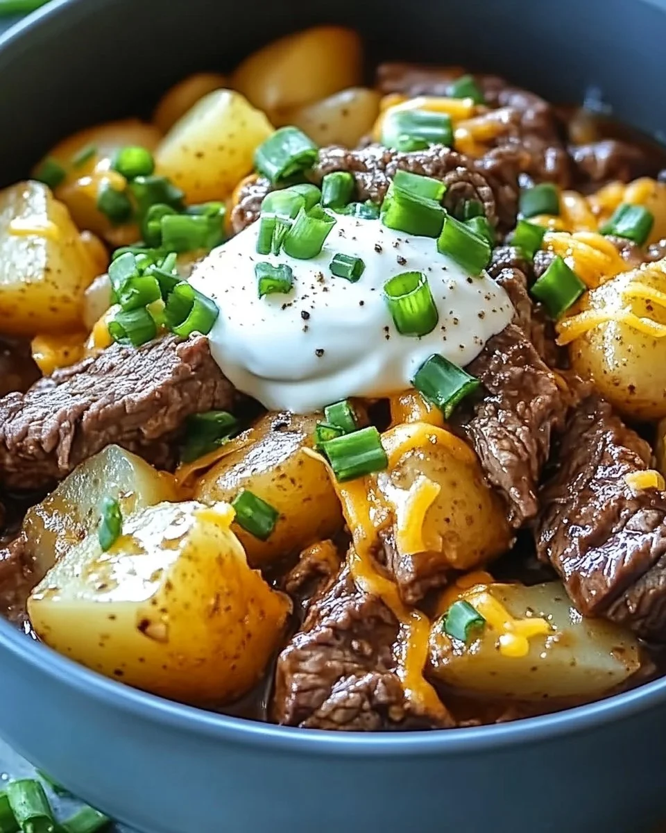 Crockpot Loaded Steak and Potato Bake recipe with tender steak and creamy potatoes