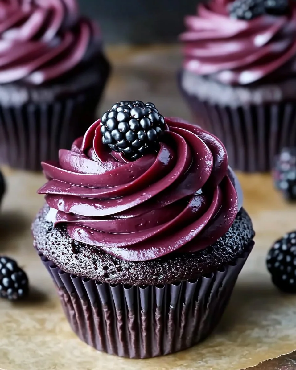 Delicious dark chocolate blackberry cupcakes with frosting
