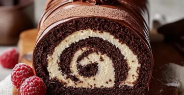 Decadent chocolate cake roll with rich frosting and chocolate drizzle