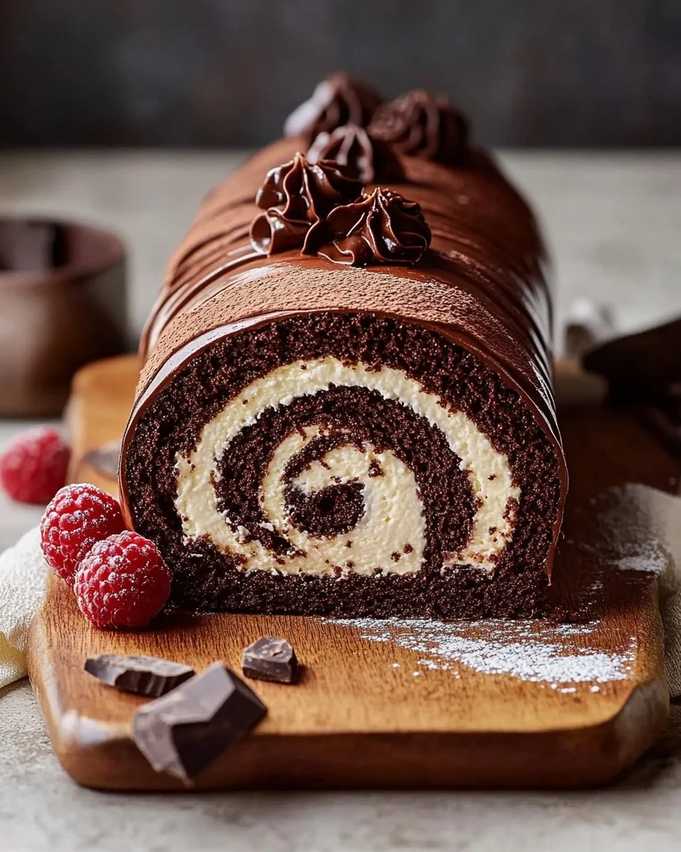 Decadent chocolate cake roll with rich frosting and chocolate drizzle