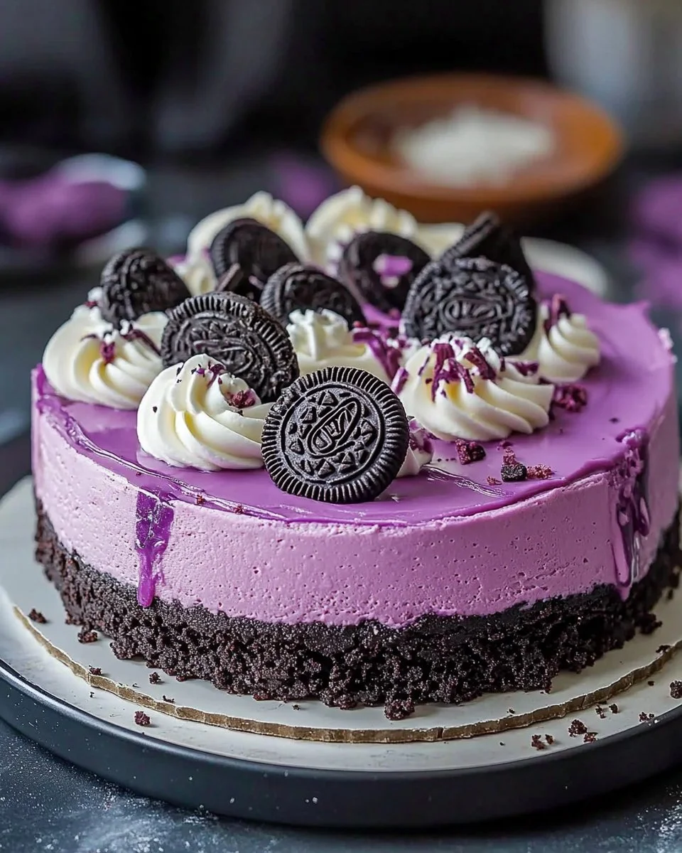 Decadent Ube Oreo Cheesecake topped with crushed Oreos and ube flavor