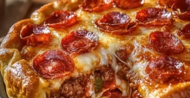 Deep hamburger sausage pie with pepperoni, perfect for a hearty meal.