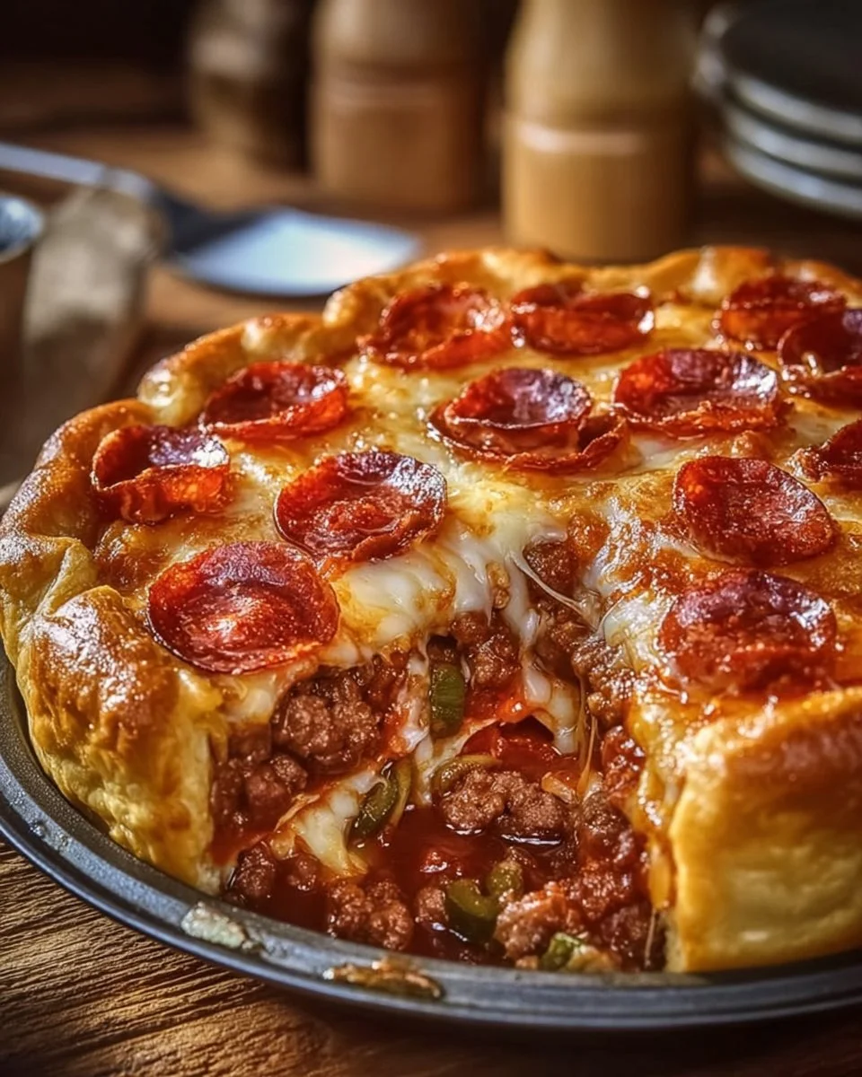 Deep hamburger sausage pie with pepperoni, perfect for a hearty meal.