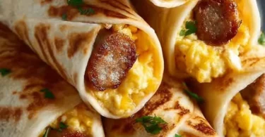 Delicious sausage, egg, and cheese breakfast roll-ups on a plate with fresh herbs