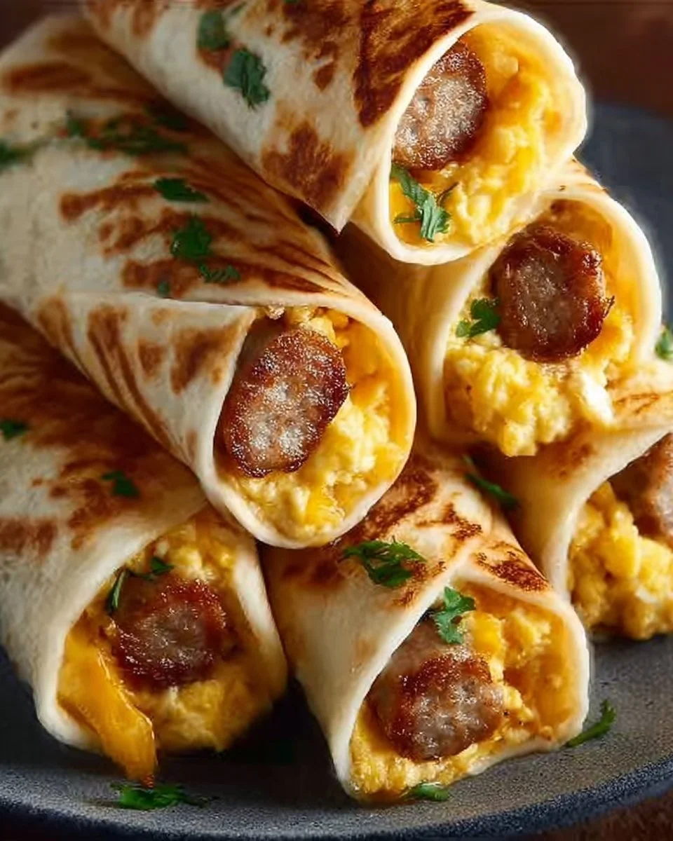 Delicious sausage, egg, and cheese breakfast roll-ups on a plate with fresh herbs