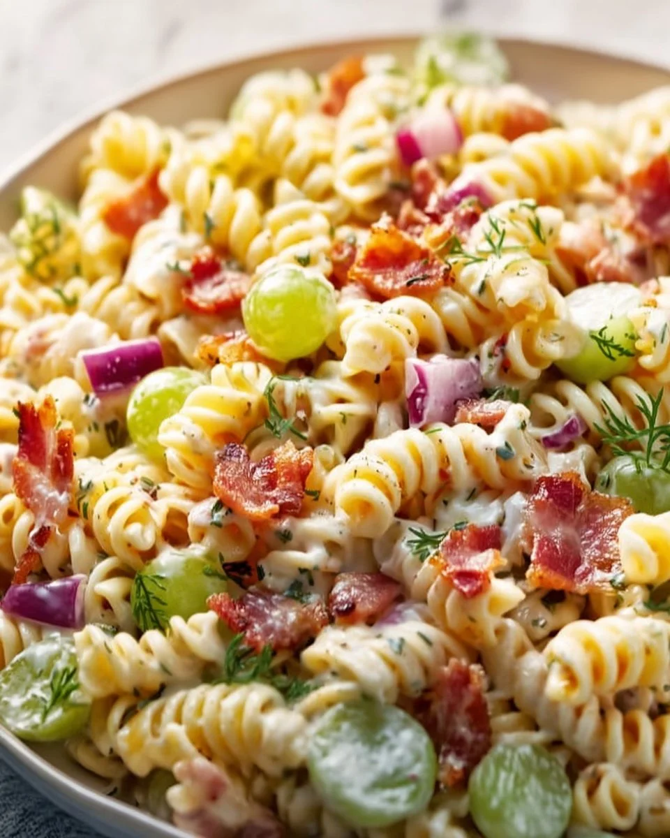 Dill Pickle Bacon Pasta Salad featuring pasta, dill pickles, and crispy bacon.