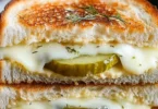 Dill Pickle Grilled Cheese sandwich with melted cheese and crispy pickles