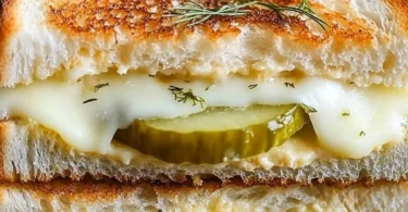 Dill Pickle Grilled Cheese sandwich with melted cheese and crispy pickles