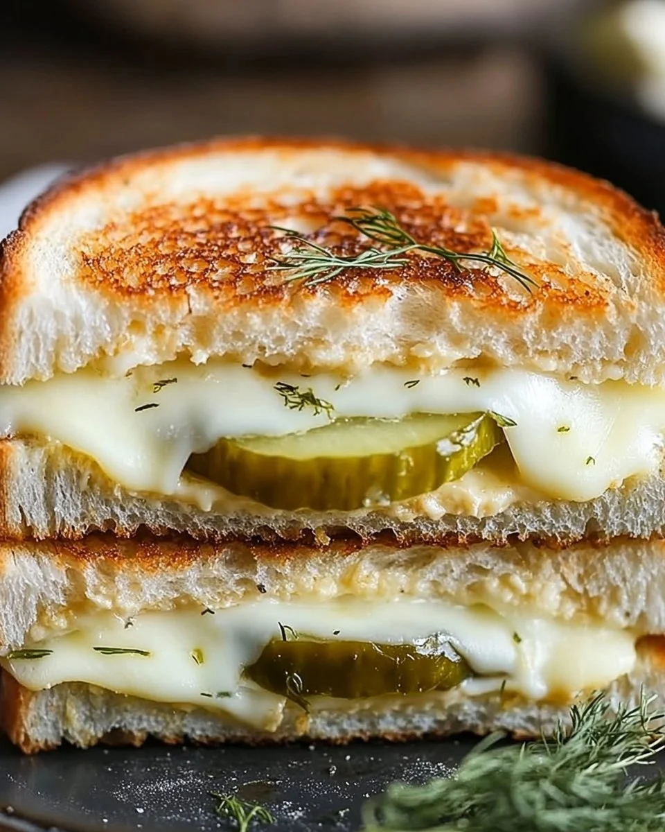 Dill Pickle Grilled Cheese sandwich with melted cheese and crispy pickles