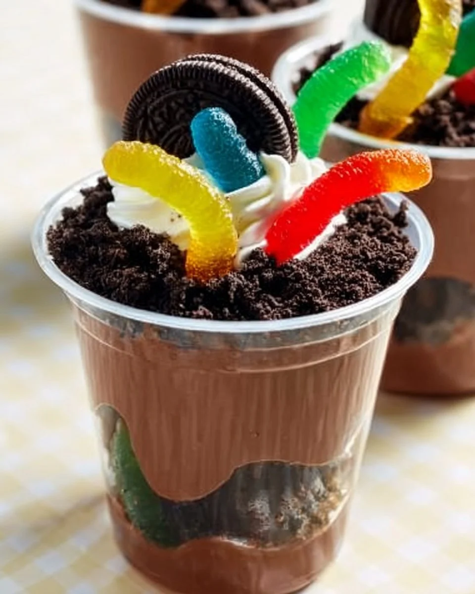 Delicious and fun dirt cups dessert with chocolate, gummy worms, and crushed cookies.