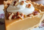Dolly Parton’s decadent Butterscotch Pie served on a rustic wooden table.