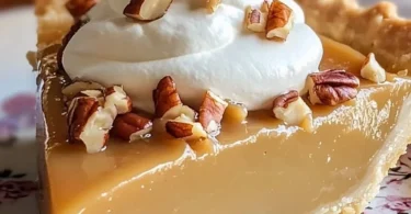 Dolly Parton’s decadent Butterscotch Pie served on a rustic wooden table.