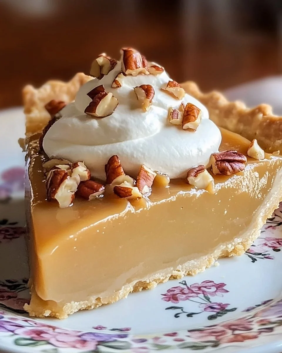 Dolly Parton’s decadent Butterscotch Pie served on a rustic wooden table.