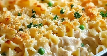 Delicious creamy chicken noodle casserole topped with crispy breadcrumbs
