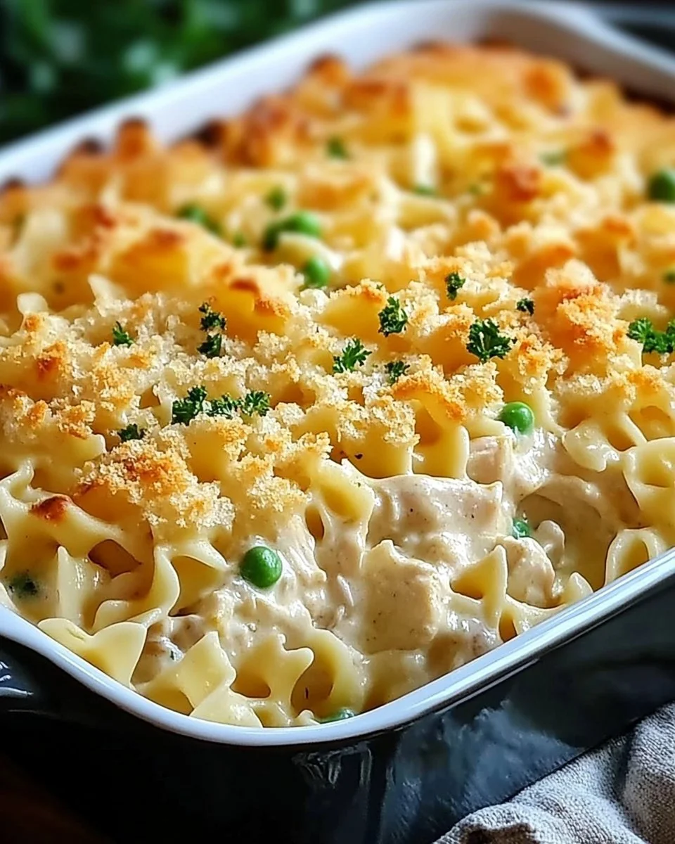 Delicious creamy chicken noodle casserole topped with crispy breadcrumbs
