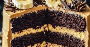 Double Chocolate Banana Layer Cake with frosting and banana slices