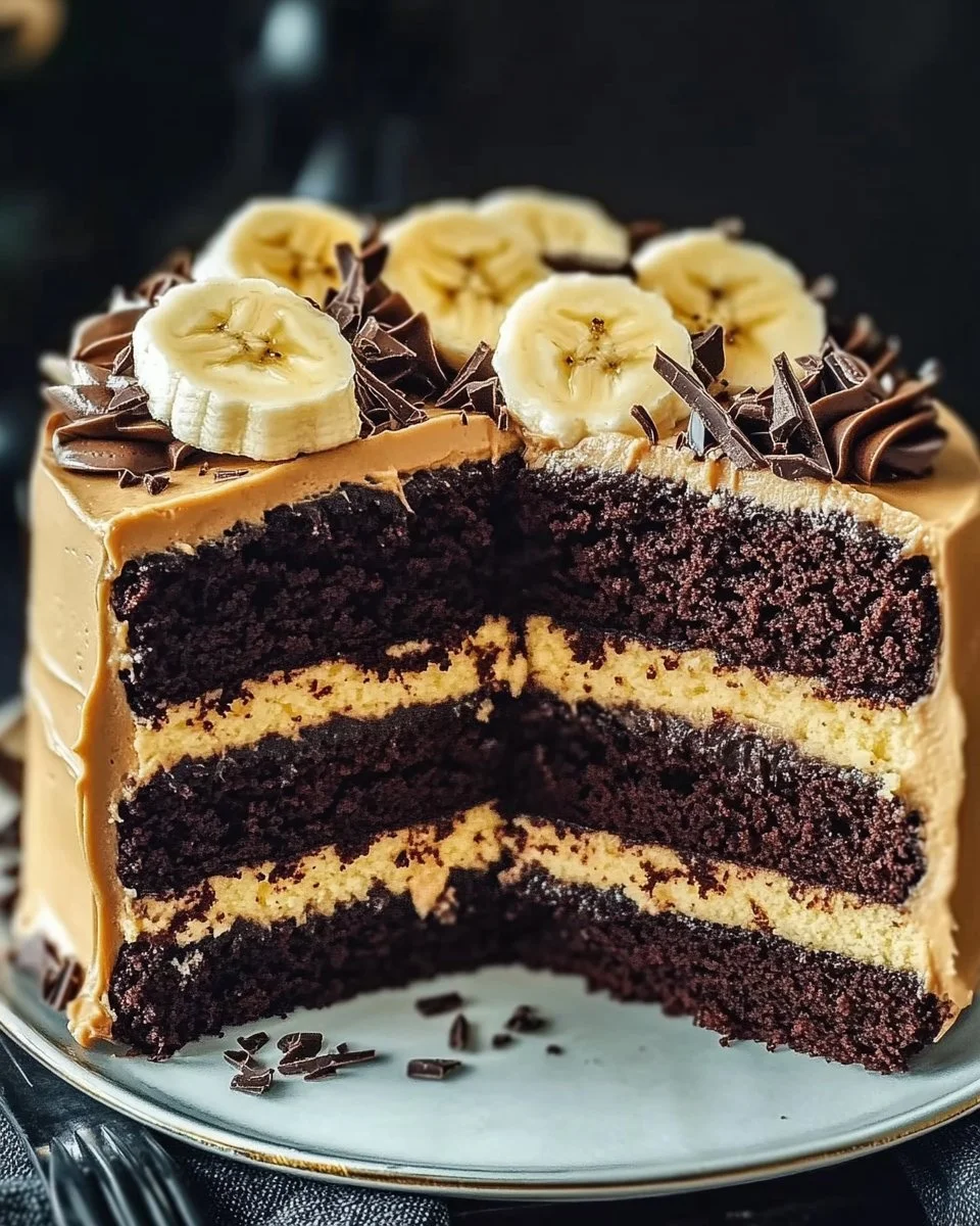 Double Chocolate Banana Layer Cake with frosting and banana slices
