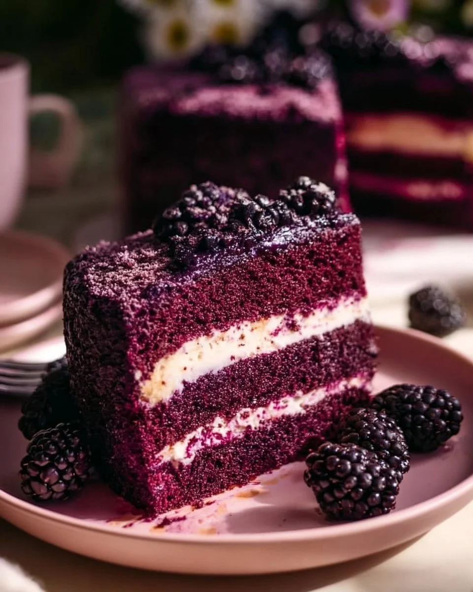 Slice of dreamy blackberry velvet cake topped with fresh blackberries