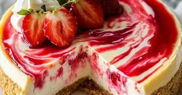 Dreamy strawberry swirl cheesecake topped with fresh strawberries