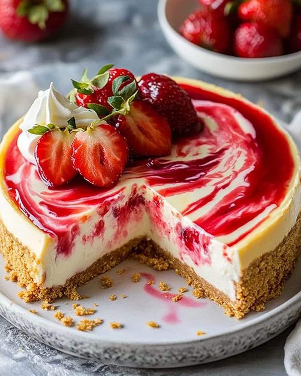 Dreamy strawberry swirl cheesecake topped with fresh strawberries