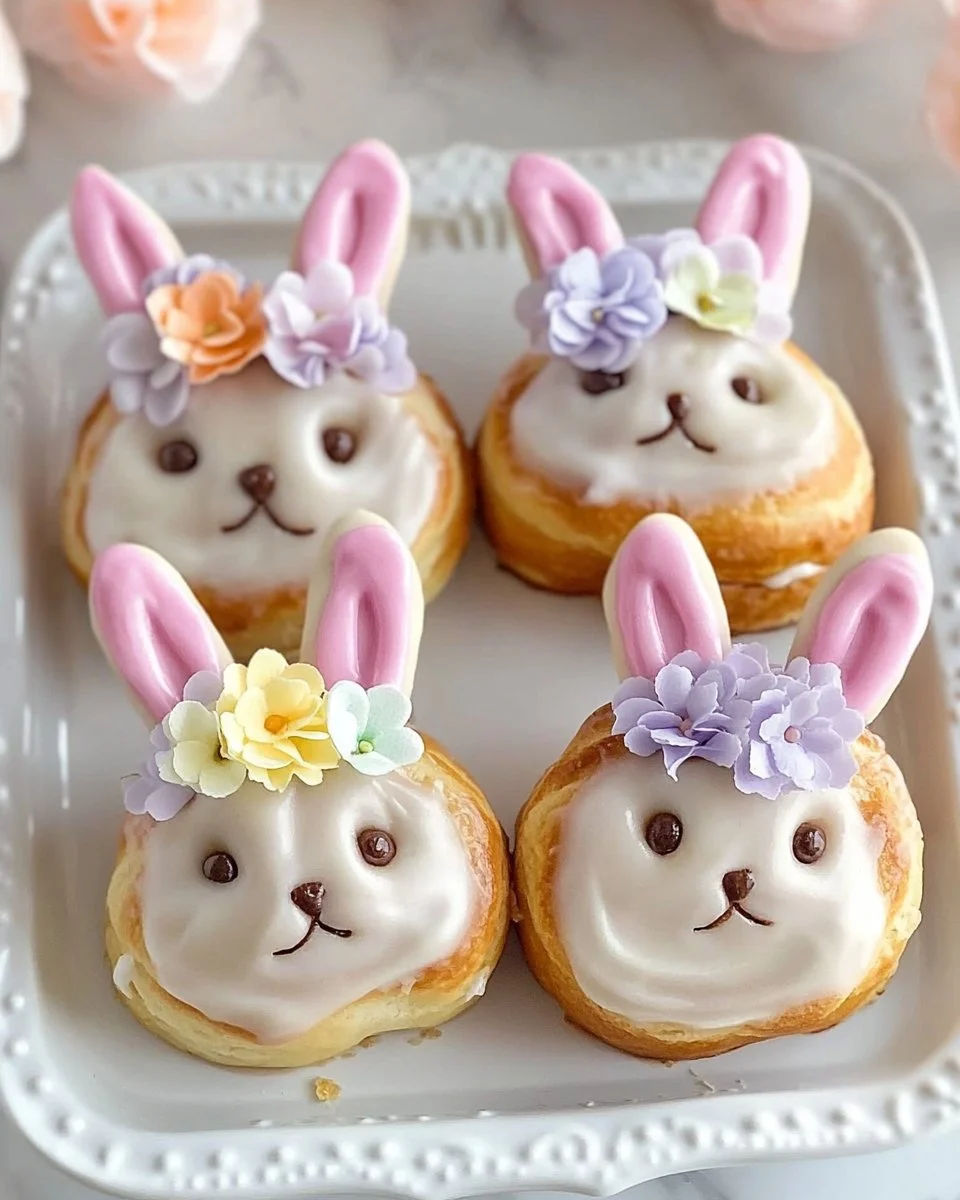 Easter Bunny cinnamon rolls decorated for a festive holiday treat.