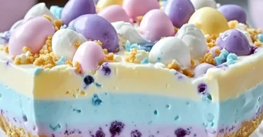 Colorful Easter Jell-O Pie with fruit toppings and a graham cracker crust