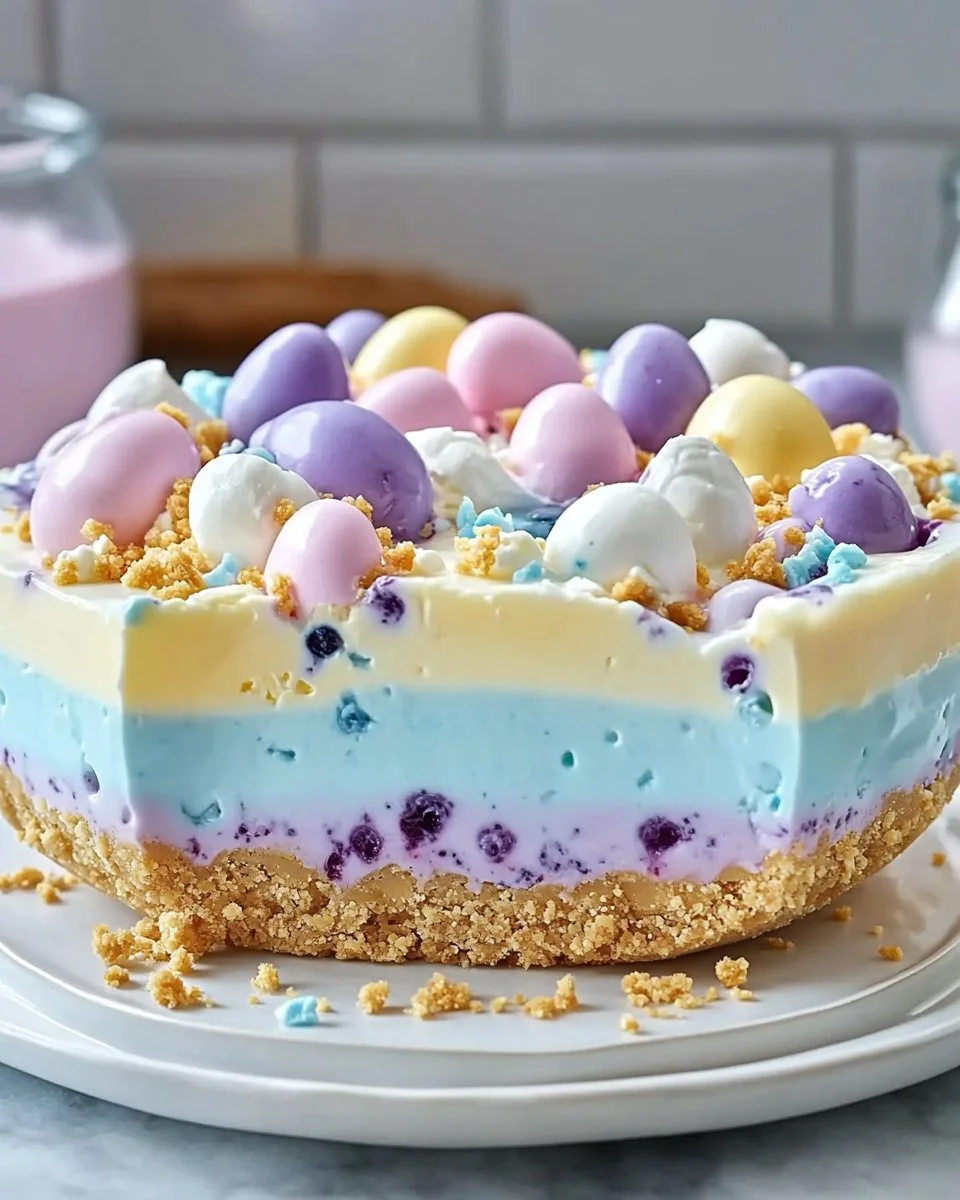 Colorful Easter Jell-O Pie with fruit toppings and a graham cracker crust