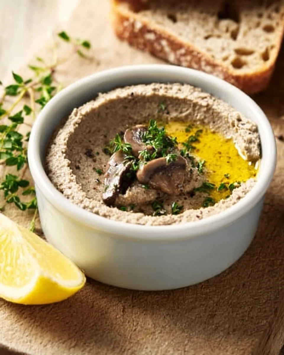 Easy 20 Minute Mushroom Pâté on a rustic wooden table with fresh herbs