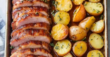 Easy sheet pan Easter dinner with roasted vegetables and glazed ham