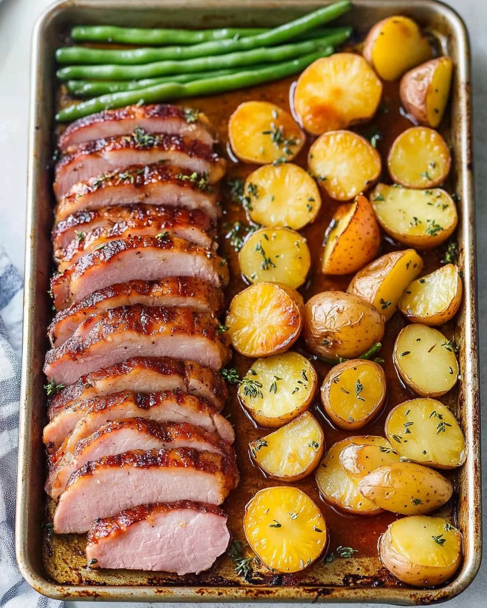 Easy sheet pan Easter dinner with roasted vegetables and glazed ham