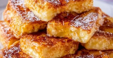 Easy Hawaiian Roll French Toast topped with fresh fruit and syrup