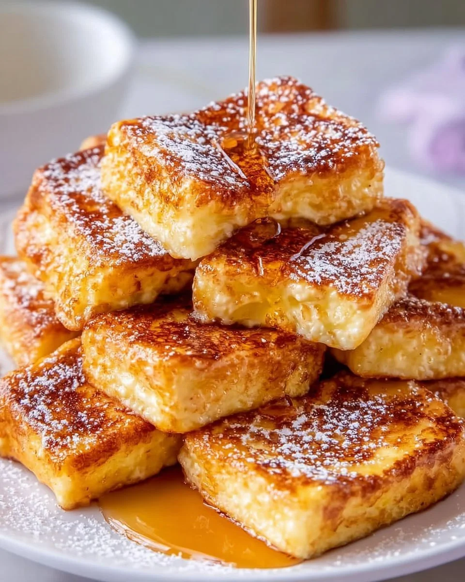 Easy Hawaiian Roll French Toast topped with fresh fruit and syrup